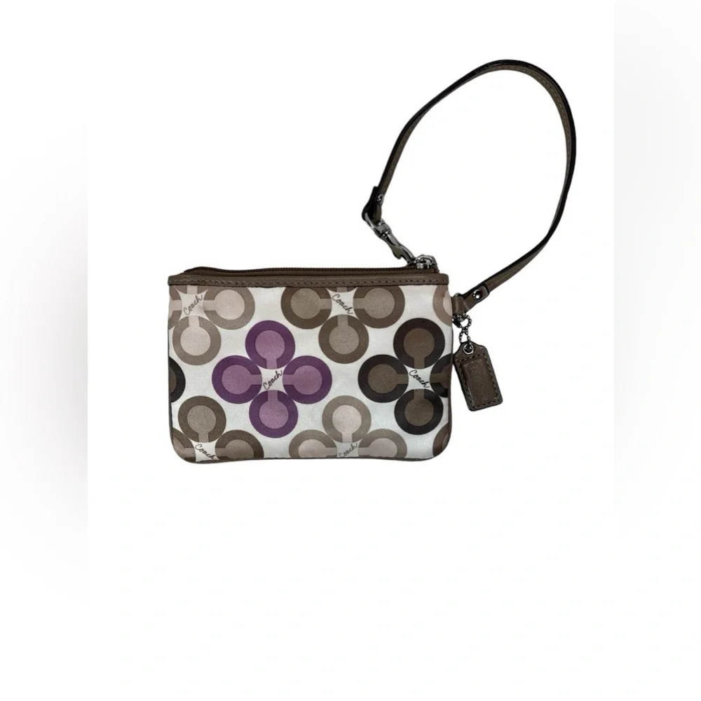 Coach Signature Circle Print Wristlet in Brown, Cream & Purple